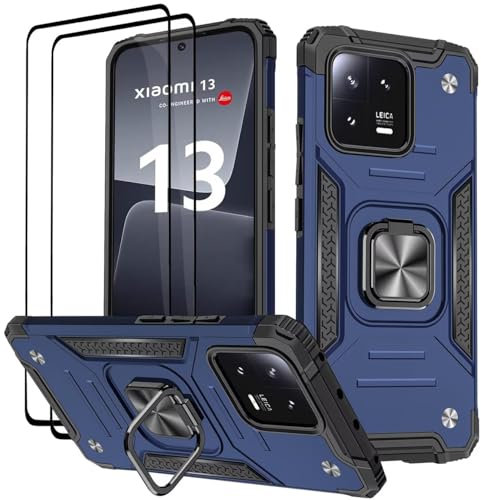 KANSi Hülle für Xiaomi 13, Schutzfolie [2 Stück] Silikon TPU Hart PC Handy Hüllen 360 Grad Drehbar Ringhalter Bumper Stoßdämpfung Schutzhülle - Blau