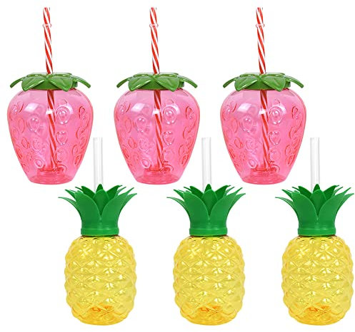 UKETO Drinking Cup with Lid, Strawberry Straw Cup, 3/6pcs Hawaiian Summer Party Cup 500ml Pineapple/Strawberry Shape Tropical Summer Cups Creative Birthday Party Decoration