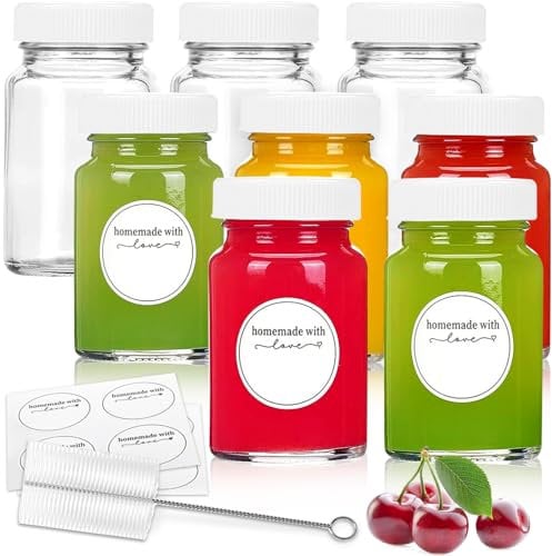 8pcs 2oz Glass Juice Bottles with Lids and Labels, Reusable Small Clear Jar for Juice, Ginger, Wellness Shot, Sample, Travel Portable Mini Bottles with Wide Mouth, Leakproof, Dishwasher Safe