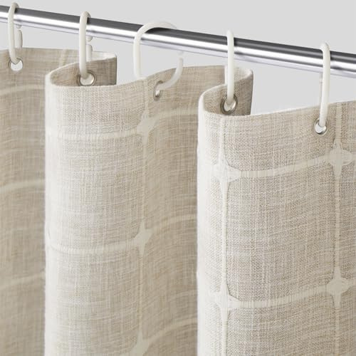 Yuanice Rideau de douche en lin neutre imperméable et robuste en tissu texturé vintage bohème décoratif pour salle de bain avec 12 crochets en plastique, 183 x 183 cm (l x L)