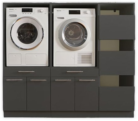 LAUNDREEZY 2x Waschmaschinenschrank mit Wäscheschrank, Anthrazit - Waschmaschinen-Überbauschrank TÜV-zertifiziert mit viel Stauraum - 185 x 162 x 67,5 cm (B/H/T)
