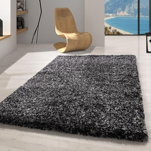 Carpetsale24 Hochflor Teppich 60x110 cm Anthrazit – Shaggy, Meliert, Flauschig & Pflegeleicht, Jute-Rücken – Ideal für Flur, Eingangsbereich, Kinderzimmer