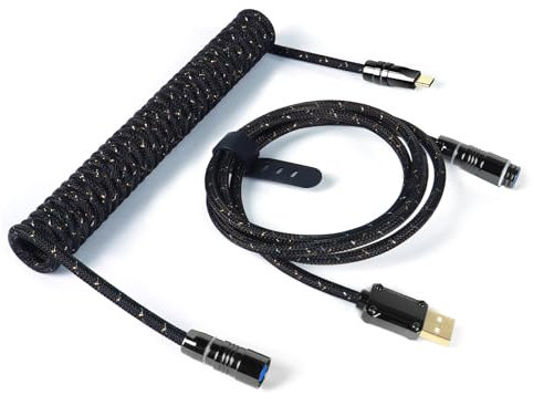 ZIYOULANG & ATTACKSHARK C05 Custom Coiled Mechanical Keyboard Cable Double-Sleeved Braided Keyboard Cord with CNC Copper Detachable Aviator Connector 1.6M USB-C to USB-A for Keyboard/PC/Phone (Black)
