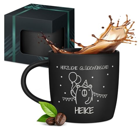 Maverton Keramik Kaffeetasse 400ml mit Gravur - personalisierter Kaffeebecher aus Matt Keramik mit Henkel - Trinkbecher für Männer zum Geburtstag zu Weihnachten - matt schwarz - Innen schwarz - Party