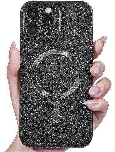 Svanove für iPhone 13 Pro Hülle Magsafe Glitzer mit Kameraschutz, Dünn Bunt Silikon Handyhülle Mädchen Handy Hülle Magnetisch Induktives Laden, Bling Sterne Weich TPU Slim Case Schutzhülle, Schwarz