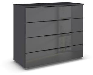 Rauch Möbel Monostar, Kommode, Kommode Schlafzimmer, Kommode, Schubladenkommode, Schlafzimmer Möbel, 4 Schubladen, mit Glasfront, Farbe Glas Basalt/Grau metallic, Schwarz, 93x81x42cm