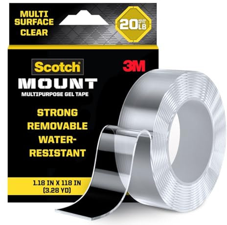 Scotch-Mount Ruban adhésif en gel multi-usages, double face pour applications lourdes, montage amovible, Nano, ruban de montage transparent résistant à l'eau, peut supporter jusqu'à 9 kg, 1 paquet