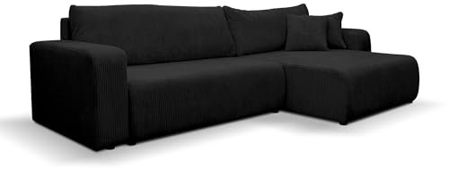 VENASI MÖBEL Luna XL Ecksofa mit Schlaffunktion und Bettkasten Cord-Stoff Schlafsofa Eckcouch Sofa (Schwarz)