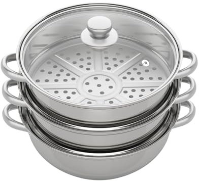 Olla de acero inoxidable con tapa de cristal – 28 cm, olla de 3 pisos al mismo tiempo para cocinar al vapor y cocinar al vapor para cocinas de inducción y gas, para verduras y patatas