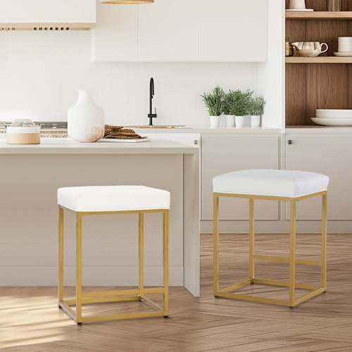ALPHA HOME Satz von 2 Barhockern, Counter Höhe Barhocker mit Fußstütze, Frühstück Bar Stuhl von Pu Leder Backless, Küche Esszimmer Cafe Stuhl für Innen-und Außenbereich (Weiß)