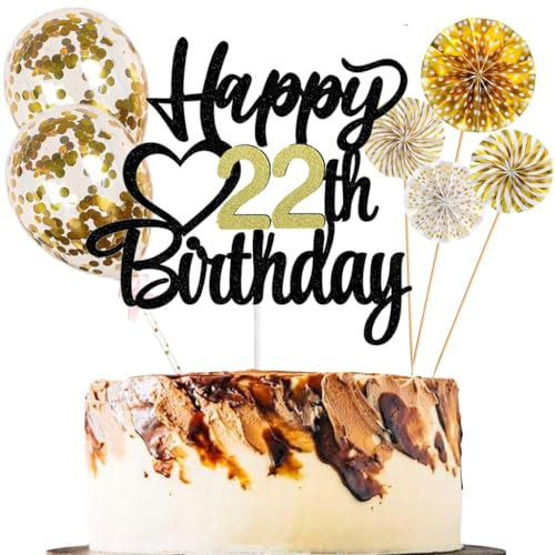 Anlgdi Tortendeko 22 Geburtstag Frauen Männer, Kuchen Topper 22. Geburtstag Frau, Cake Topper Happy 22th Birthday Schwarz Gold, Glitter Kuchen Deko 22. Deko für Geburstagstorte Deko 22 Jahre Frau Mann