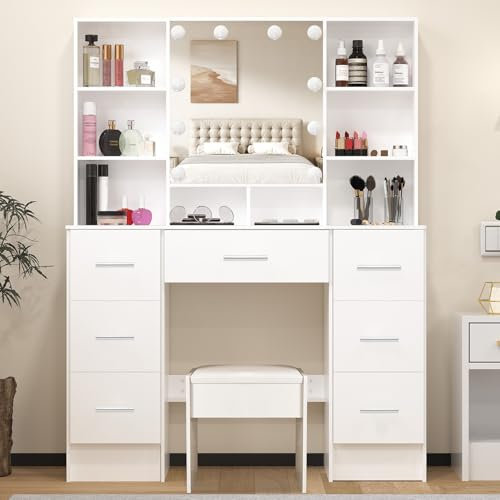 Koestem Large Dressing Table, Vanity Desk with Lighted Mirror and Hidden Storage Space, Bedroom Vanity Table, Vanity Makeup Desk with 7 Drawers & Shelves