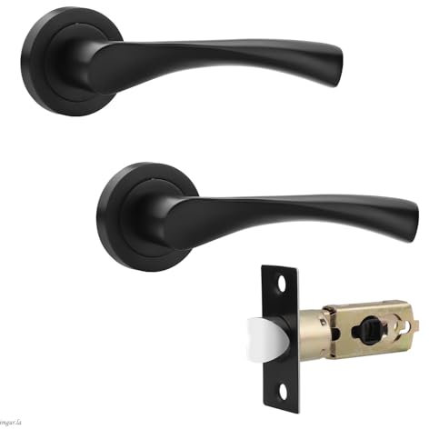 Probrico Matte Black Round Rose Door Handles,Twisted Lever Internal Door Handles Set with Ajustbale Latch(45mm/57mm),Passage Handles Ideal for Interal Doors,1 Pack