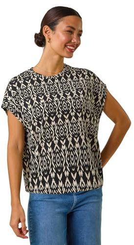 Roman Originals Snake Print Bubble Hem Top for Women UK - Ladies Spring Summer Blouson Round Neckline Comfy Soft Evening Vacation Work Party Night Out Everyday - Black Ikat - Size 10