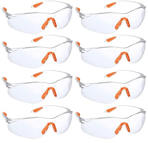 Ajuanbazha Pack de 8 Gafas de Seguridad Transparentes, Gafas Protectoras con Lentes Antiarañazos y Patillas de Goma, Gafas Proteccion Trabajo Ideales para Laboratorio