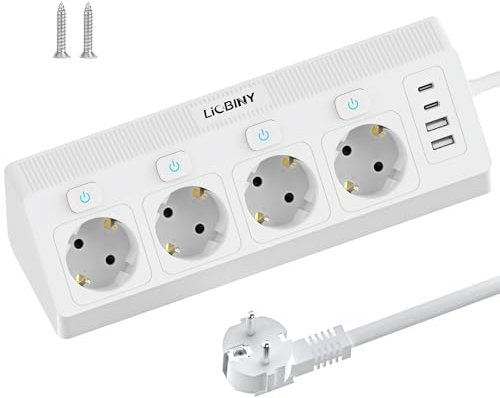 Steckdosenleiste mit 2 USB C und 2 USB A, 4 Fach Ecksteckdose Einzeln Schaltbar Mehrfachsteckdose Überspannungsschutz 3680W 16A Mehrfachstecker Wandmontage, Steckerleiste 2M Kabel Weiß für Küche Büro