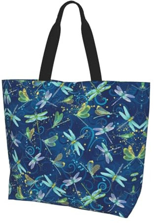DNBCLEZK Libellen-Polyester-Schultertasche, große Tasche, Shopper mit trendigen Drucken, Uni, für den täglichen Gebrauch für Damen und Herren (mehrere Muster-Designs), Schwarz , Einheitsgröße