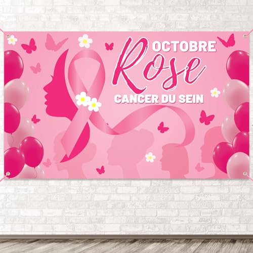 WANDIC Octobre Rose Personnalisée Bannière du Ruban de Sensibilisation au Cancer du Sein Bannière d'arrière Plan de 90 * 150cm, pour la Décoration d'événements