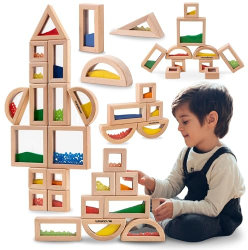 Mamabrum Holzklotze Sensorische Für Kinder - 15er Set mit Sand und Perlen - Verschiedene Formen und Farben - Entwicklung der Sinne und Motorik - ab 2. Jahren - Lernspiel
