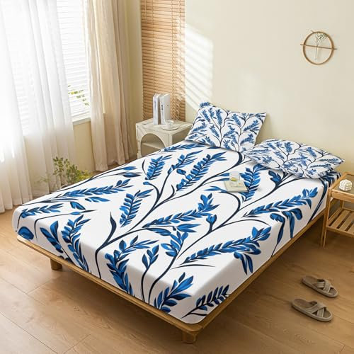 Generisch Spannbettlaken 120x200cm Blau Blätter, mit 1 Kissenbezug 80x80 - Bettlaken Blumen Pflanzen Motiv, Deko & Geschenke, 30 cm Steghöhe, Gebürstete Mikrofaser Spannbetttuch - SJE1151