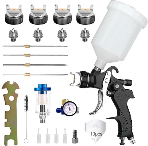 HVLP Spritzpistole mit 4 Düsen 1,4mm 1,7mm 2,0mm 2,5mm Druckluft mit 600 ml Plastikbecher und Luftdruckregler, Drehbare Düse, Geeignet für Möbel, Autos, Wände