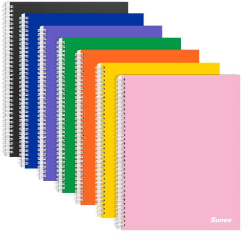 SUNEE A4 Notebook, Pack of 7 Notepads, Wirebound Notebooks, 80gsm Premium Paper, 100 Sheets / 200 Pages, 8mm Lined with Margin, 4-Hole Punched and Perforated Edge, Assorted Colours
