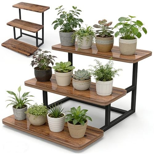 IDUNSEED Blumentreppe 3 Etagen, Pflanzenständer Holz, Blumenregal Balkon | Blumenbank für Wohnzimmer, Büro und Garten, Pflanzenleiter aus Metall, Innen Außen Deko, 55 x 40 x 28 cm