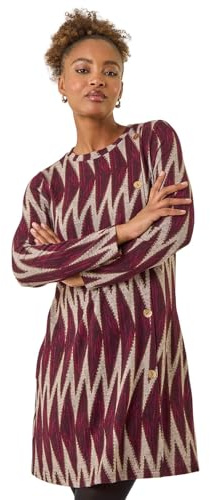 Roman Originals Women Long Sleeve Swing Dress - Ladies Autumn Winter Smart Casual Everyday Checkered Print Round Neck Stretch Comfortable Jersey Dresses - Wine Ivory - Size 10