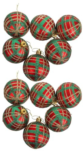 Karierte Baumschmuck Kugeln 12 Stück aus Kunststoff für Weihnachtsbaum | Rot und Grün, Bruchsicher, Leicht, Feine Verarbeitung, für Festpartys und Dekoration