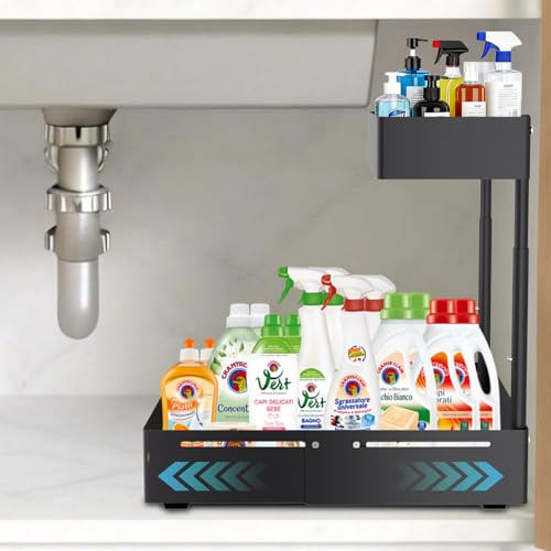 Expandable Under Sink Storage Kitchen Organiser,2 Tier Metal Cupboard Rack, Width & Height Expandable,Pull Out Cabinet Organiser,Metal Storage Rack for Laundry,Bathroom,Closet Organization-1Pack