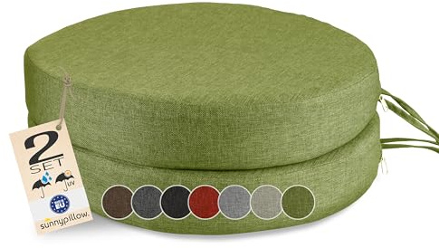 sunnypillow 2er Set Stuhlkissen Rund Ø 40cm, wasserdicht, Grün | UV-lichtecht, 7cm dick, Outdoor Polsterauflage mit Bändern, Auflage für Stühle, Sitzkissen Stuhlauflage für Haus und Garten