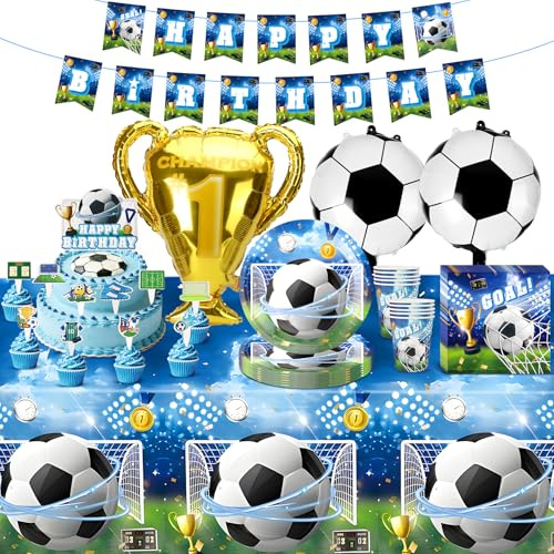 Kit Decoración Cumpleaños Fútbol, 90 Piezas Accesorios Fiesta Fútbol con Mantel Globos Vasos Servilletas Banderín Cake Topper para Niños Fiesta Temática Fútbol