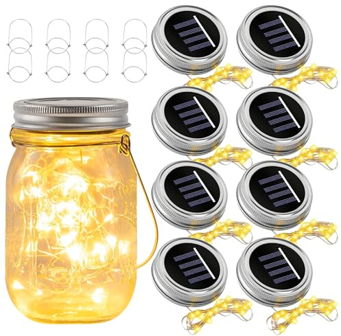 8 Stück Solarlampen für Außen, Silber Wire Fairy Deckel Licht Solar Deckel, 30 Warmweiß LED Lampen, Sonnenglas Original für Glas Mason Jar, Garten Baum Balkon Deko, Einmachgläser Nicht Enthalten