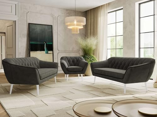 MKS MEBLE Sofagarnitur PIRS 3 + 3 + 1 - Couchgarnitur im skandinavischen Design, Gesteppte Polsterung, Wellenfederung, Wohnzimmer Sofa Set - Weiße Beine, Dunkelgrau Velvet