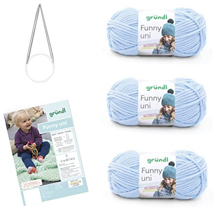 Gründl Wolle Funny uni - weiche Chenille Wolle mit Nadel und Anleitung für eine Babydecke - Kuschelig und hautfreundlich - 100 % Polyester - 3 Knäuel 100 g / 120 m - Nadelstärke 5 - 6, Pastellblau