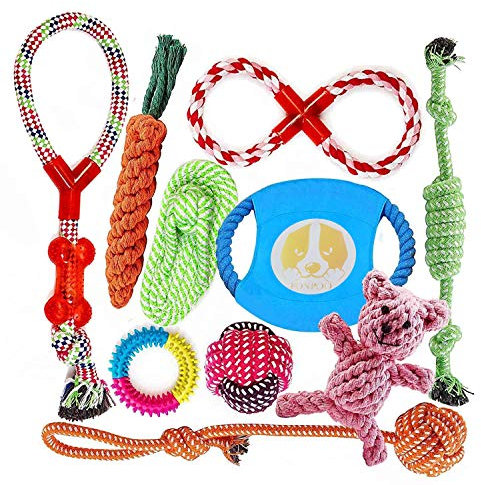 FONPOO Hundespielzeug, Welpenspielzeug aus natürlicher Baumwolle, interaktives Hundespielzeug zum Zähneputzen, Spielzeugset für kleine und mittlere Hunde 10 Stück (Blaue Frisbee, Satz von 10)
