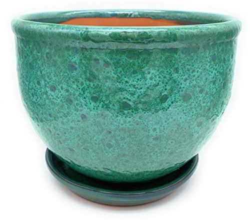 Sun Cakes Ceramic Plant Pot Glazed with Saucer Round Terracotta with Drip Tray Flower Pot Clay Coloured Flower Pot Sea Foam (16cm x12cm, Green)
