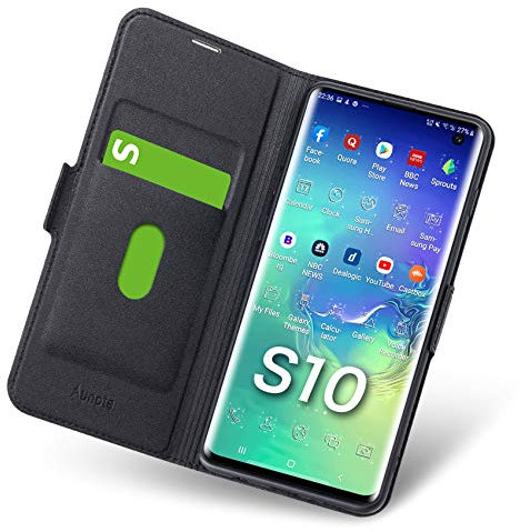 Aunote Samsung S10 Hülle, Samsung Galaxy S10 Handyhülle, Samsung S10 Schutzhülle, Samsung S10 Tasche, Samsung S10 Klapphülle, Etui Folio Flip, Smartphone Handy Cover Case klappbar. Schwarz