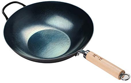 臻三环 ZhenSanHuan - Wok in ferro martellato a mano, adatto per induzione (manico in legno con aiuto)