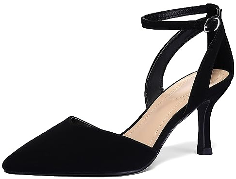 mysoft Women's Pumps Shoes Pointed Toe Kitten Low Heels Stiletto Ankle Strap Closed Toe Wedding Party Dress Sandals Black Nubuck
