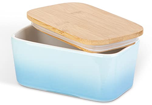Porcelain Butter Dish with Lid, Henten Home Airtight Butter Keeper for Countertop, Large Butter Holder for All Types of Butter(Sky Blue)