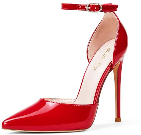 Zhabtuc Talons Hauts, Escarpins D'Orsay pour Femmes Bride à la Cheville Bout Pointu Chaussures de Mariage de Fête, Rouge, 40 EU
