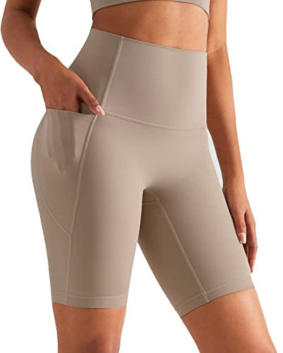 XDSP Damen Shorts Kurze Leggings Sporthose Damen Nahtlos Yoga Fitness High Waist Yoga Shorts Kurze mit Handytasche (M, Khaki) 6