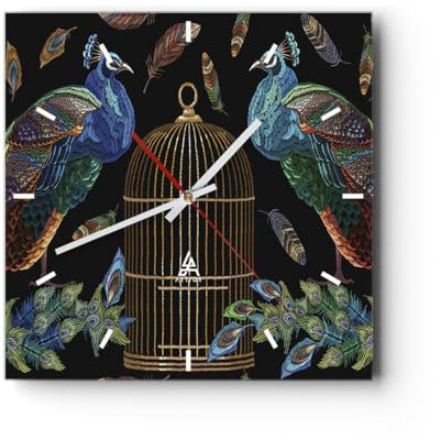 Modern Wanduhr Pfauen Gold Käfig 30x30cm Quadrat Klein Wand Uhr Glas Analog Zimmeruhren Küche Büro Wohnzimmer Glasuhr Wall Clock Dekoration Design Wanddekoration Küchenuhr C3AC30x30-4390