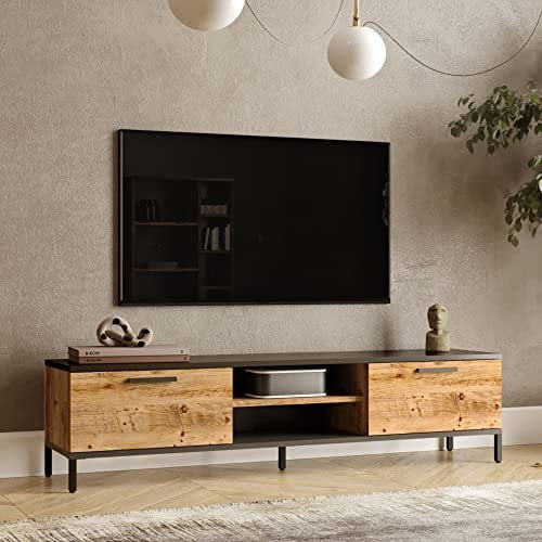 Meuble TV à 2 Portes Meuble de Rangement Design pour Salon avec 2 Espaces de Stockage 2 Passages de Câble Panneau de Particules Métal 39 x 160 x 35 cm Effet Chêne Rustique Anthracite