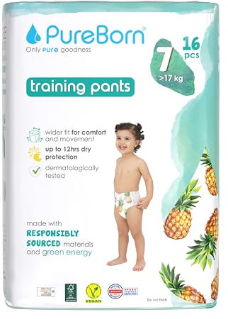 PureBorn 16 Windelhöschen Größe 7 (17+ kg), Ultra-Saugfähig, Hypoallergen, Weich & Sanft für Babys, Dermatologisch Getestet, Auslaufsicher, Umweltfreundlich aus Bambus