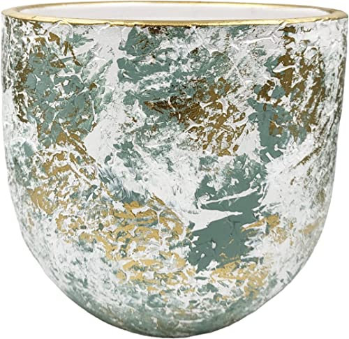 Maceta MACETERO para Interior/Exterior Barro Decorado Pintado Varias Medidas (20 CMS, Blanco Verde Oro)
