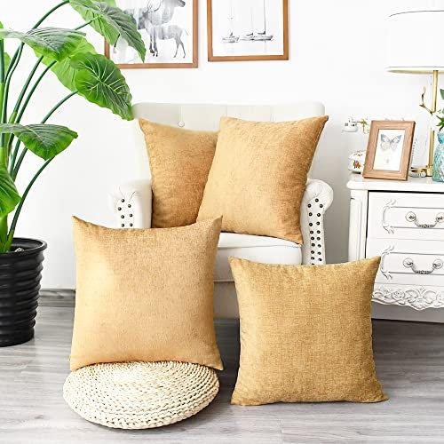CaliTime Gemütliche Kissenbezüge für Couch, Sofa, Heimdekoration, einfarbig, weiches Chenille, 45 x 45 cm, goldfarben, 4 Stück