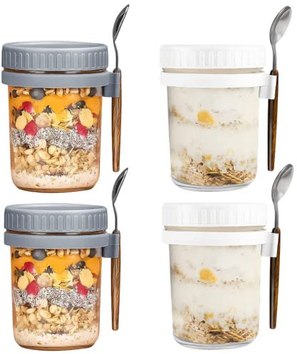 Overnight Oats Bocaux en verre avec couvercle et cuillère, 283,5 g avec marques de mesure, bocaux hermétiques de grande capacité pour lait, céréales, fruits (blanc2 et gris2)