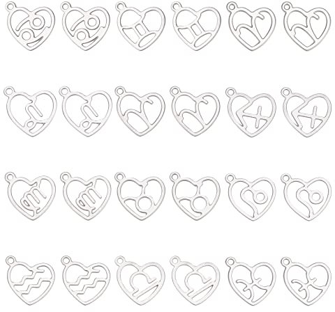 SUNNYCLUE 1 Box 24 Stück 12 Stile Sternzeichen Charms Sternzeichen Charm 304 Edelstahl Herz Charms Flach Rund Sternbild Charm Für Schmuckherstellung Charms DIY Armband Halskette Knöchel Basteln Frauen